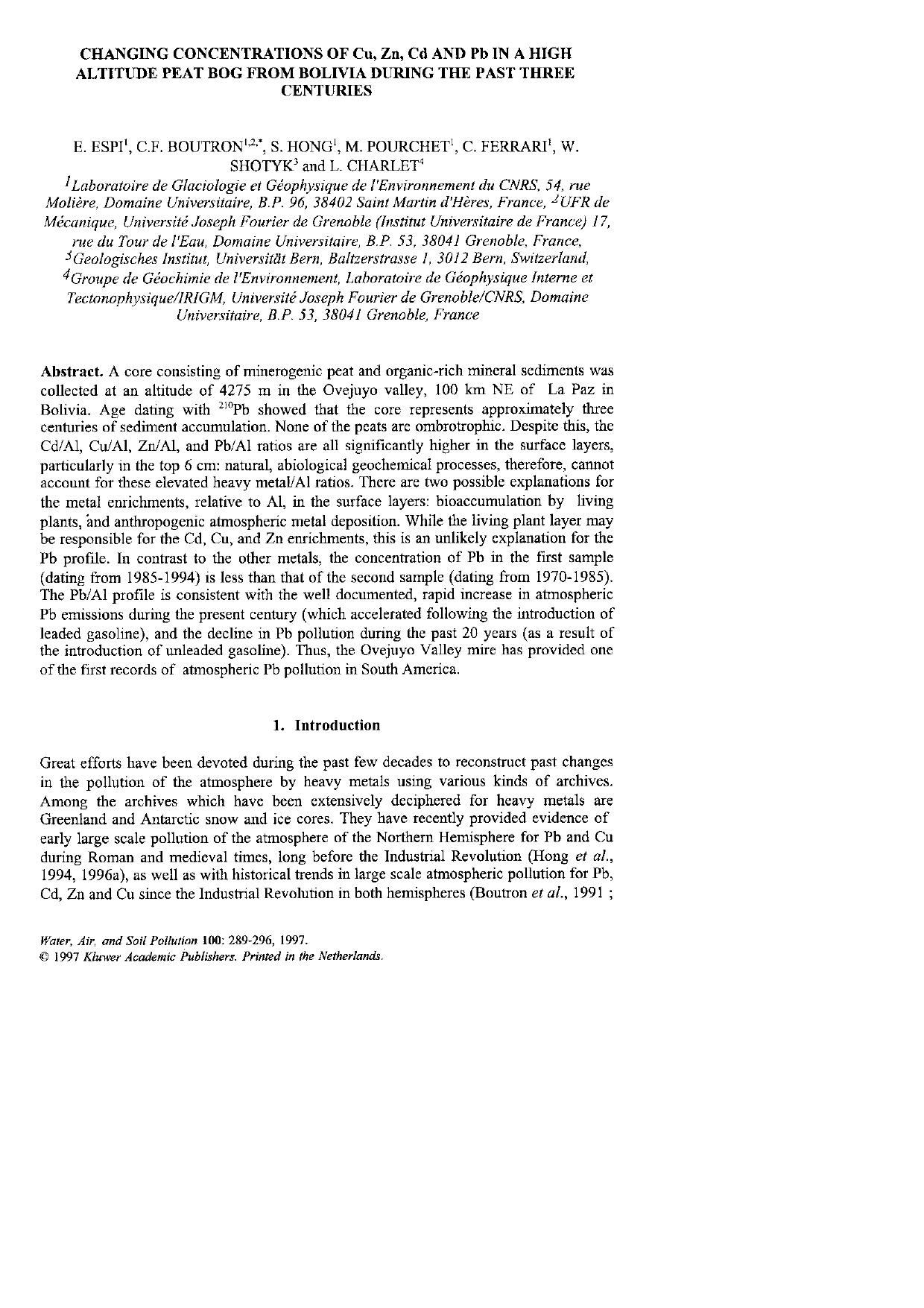 Changing Concentrations of Cu, Zn, Cd and Pb in a High Altitude Peat Bog from Bolivia during the Past Three Centuries by Unknown