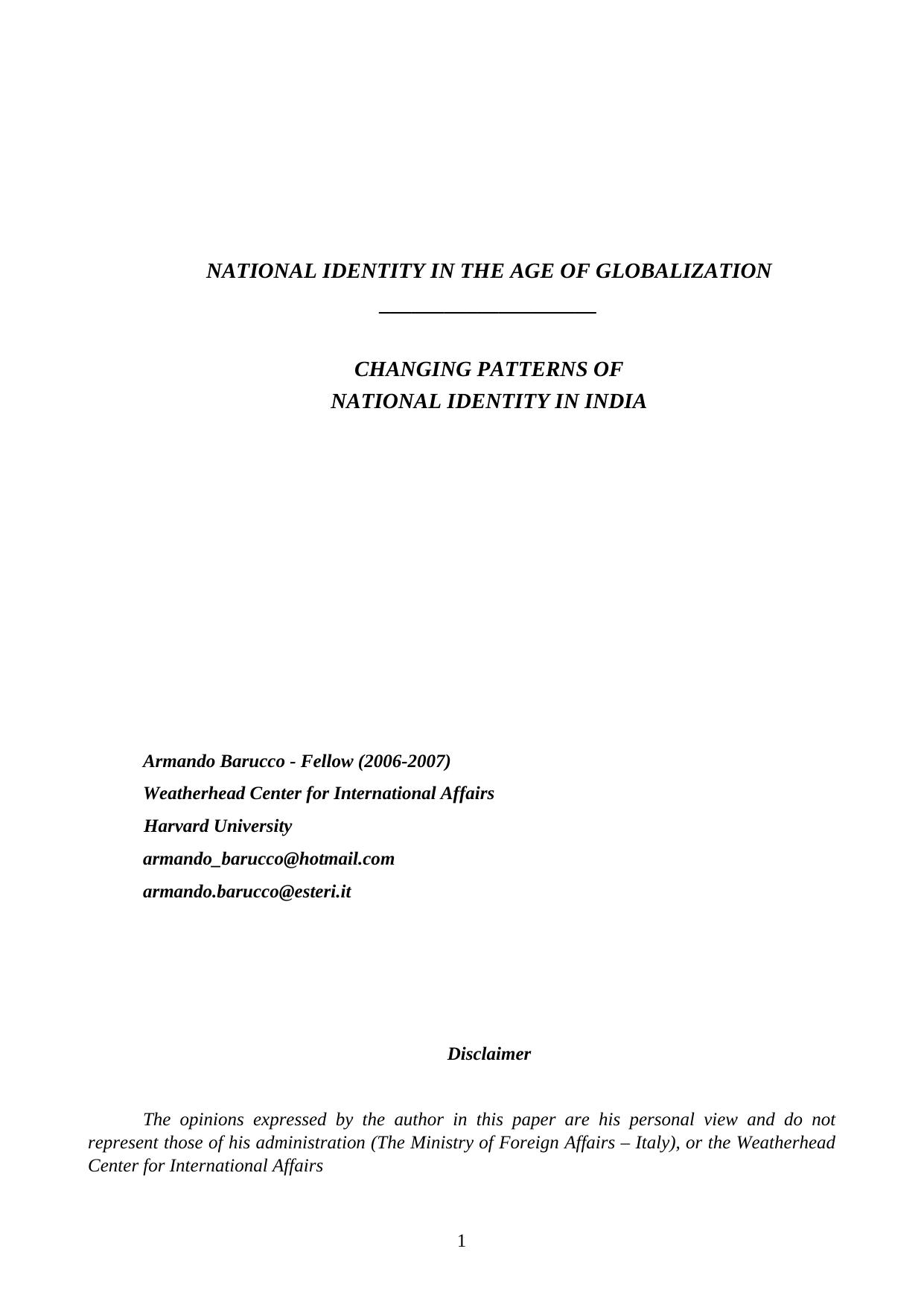 Changing Patterns Of National Identity In India by Armando Barucco
