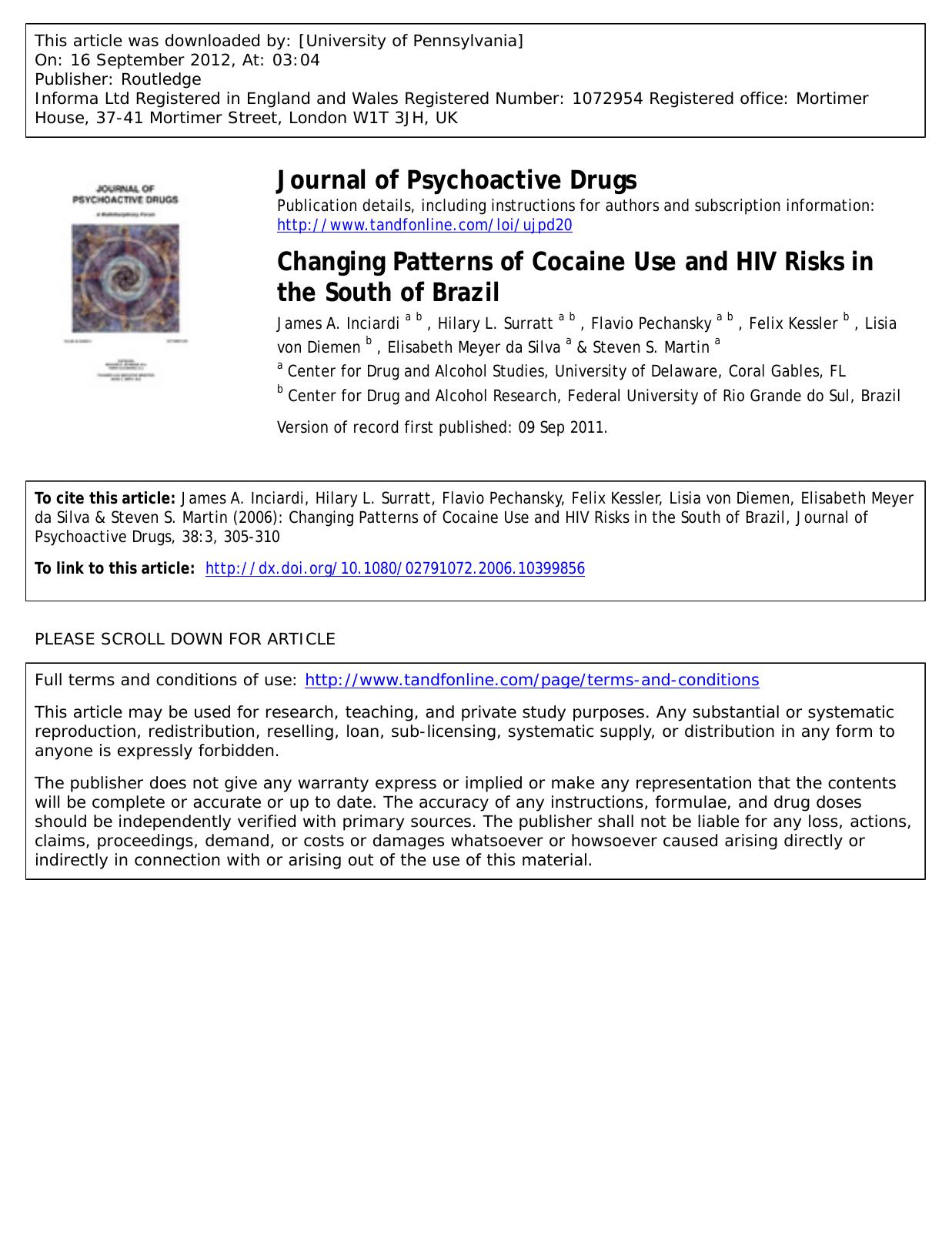 Changing Patterns of Cocaine Use and HIV Risks in the South of Brazil by unknow