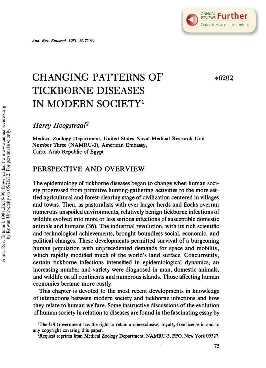 Changing Patterns of Tickborne Diseases in Modern Society by H Hoogstraal