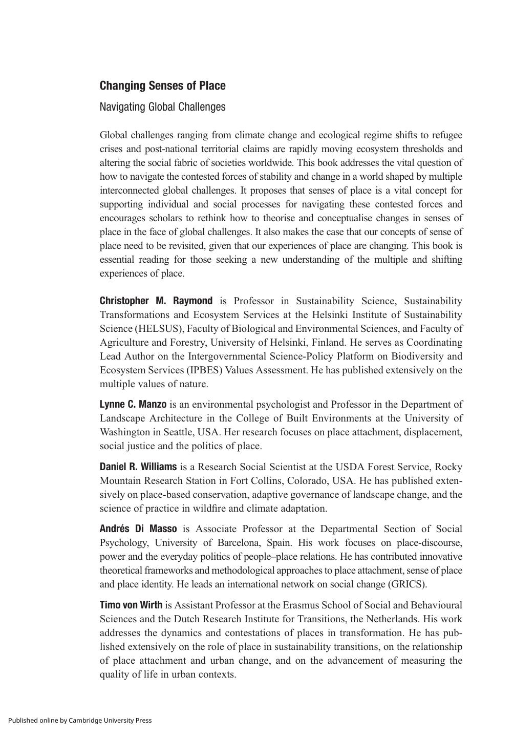 Changing Senses of Place: Navigating Global Challenges by Christopher M. Raymond; Lynne C. Manzo; Daniel R. Williams; Andrés Di Masso; Timo von Wirth