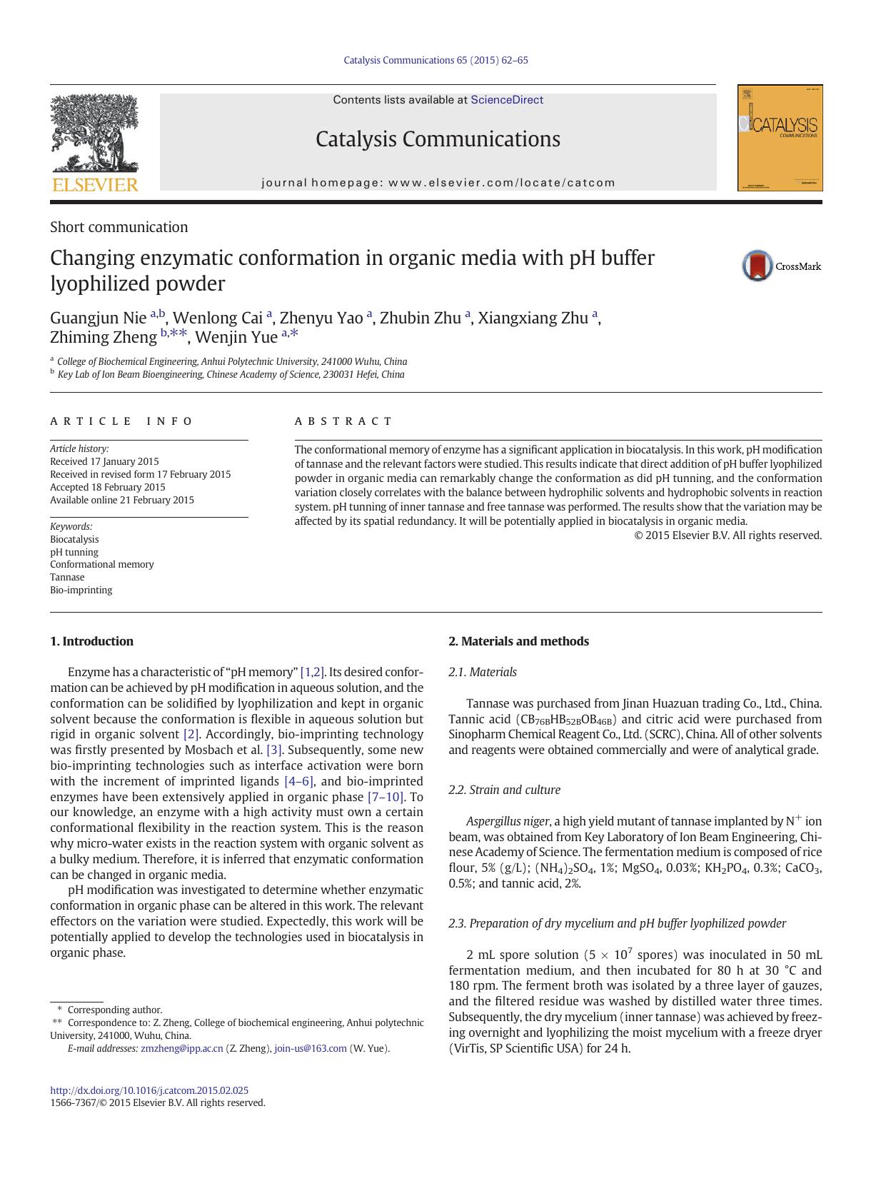 Changing enzymatic conformation in organic media with pH buffer lyophilized powder by Guangjun Nie & Wenlong Cai & Zhenyu Yao & Zhubin Zhu & Xiangxiang Zhu & Zhiming Zheng & Wenjin Yue