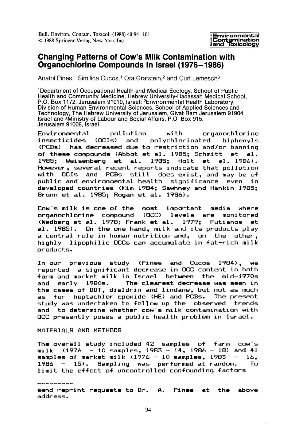 Changing patterns of cow's milk contamination with organochlorine compounds in Israel (1976–1986) by Unknown