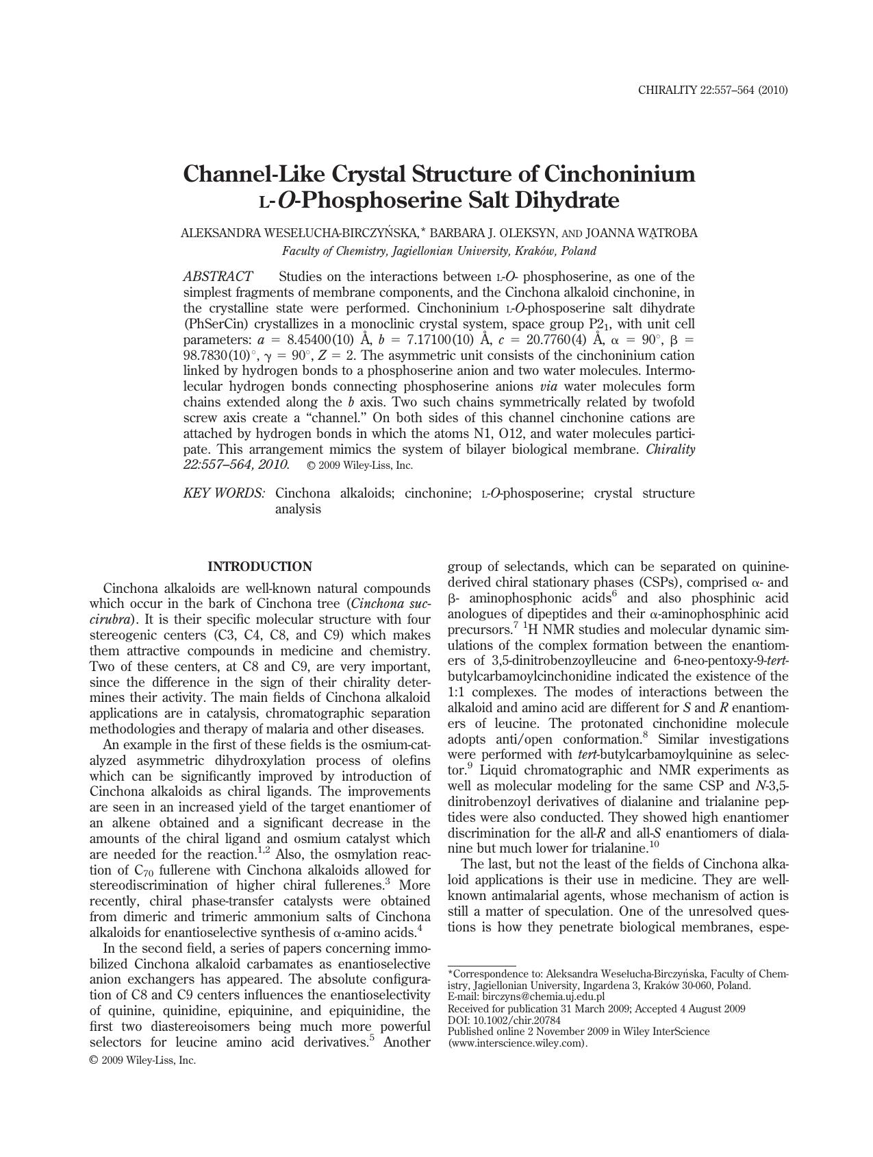 Channel-like crystal structure of cinchoninium L-O-phosphoserine salt dihydrate by Unknown