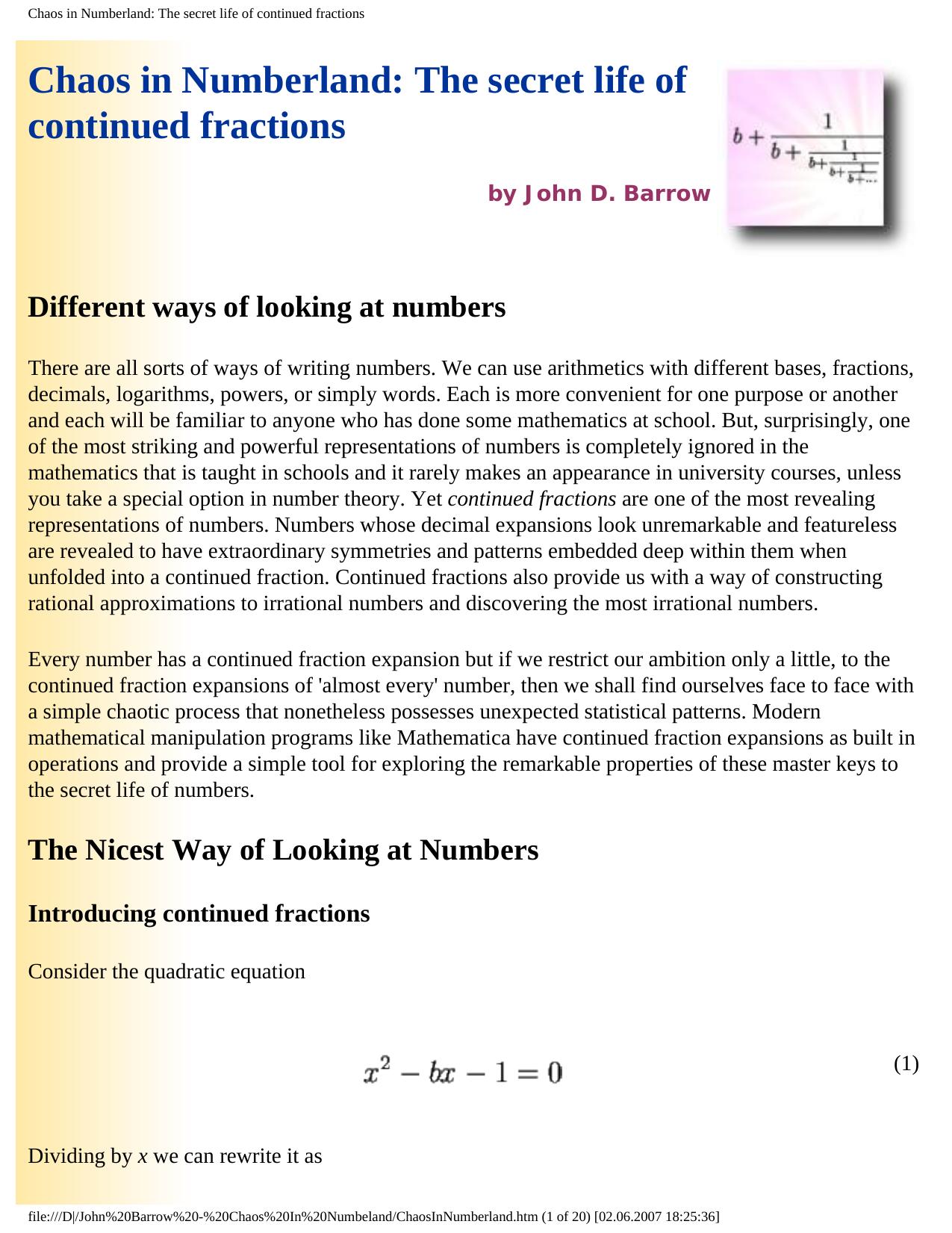 Chaos in Numberland: The secret life of continued fractions by Unknown