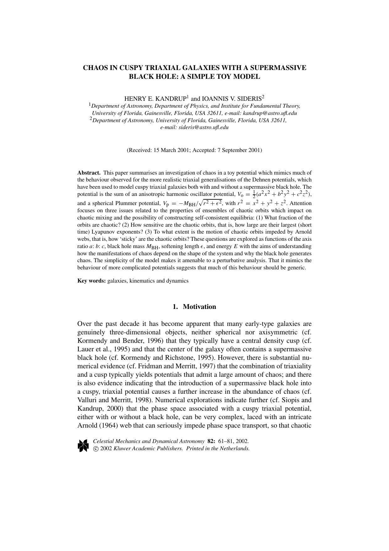 Chaos in cuspy triaxial galaxies with a supermassive black hole: a simple toy model by Unknown