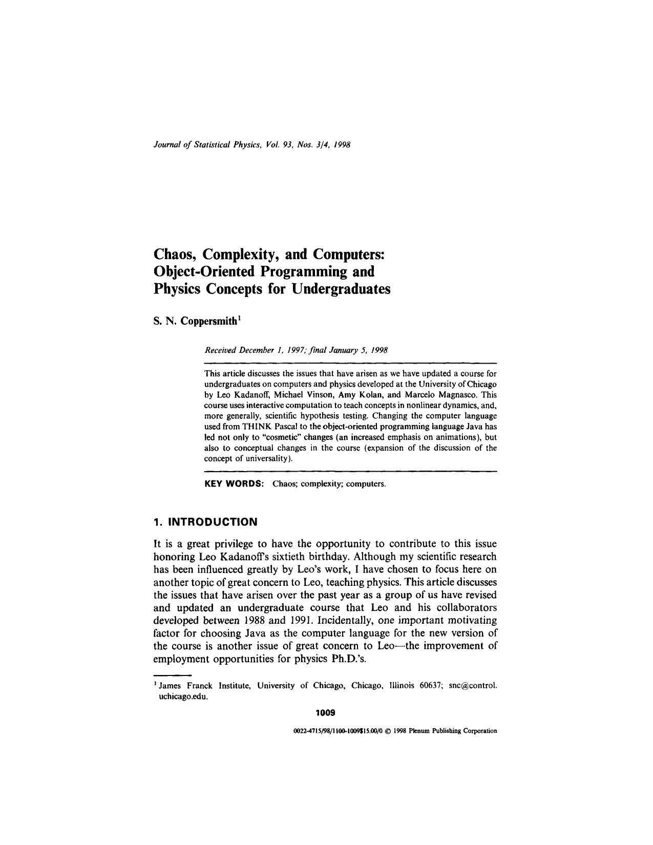 Chaos, Complexity, and Computers: Object-Oriented Programming and Physics Concepts for Undergraduates by Unknown