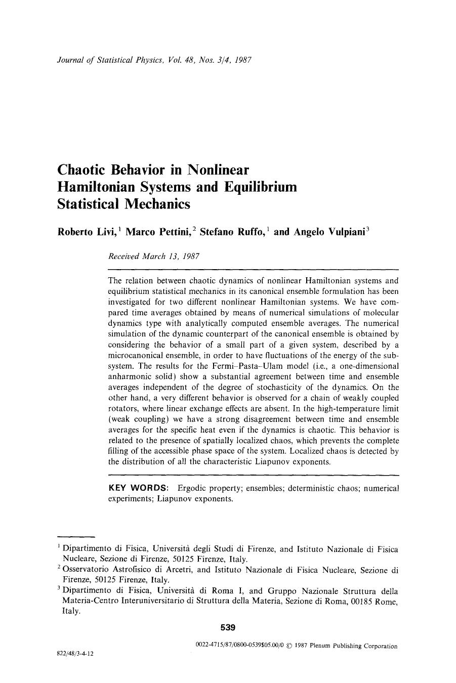 Chaotic behavior in nonlinear Hamiltonian systems and equilibrium statistical mechanics by Unknown
