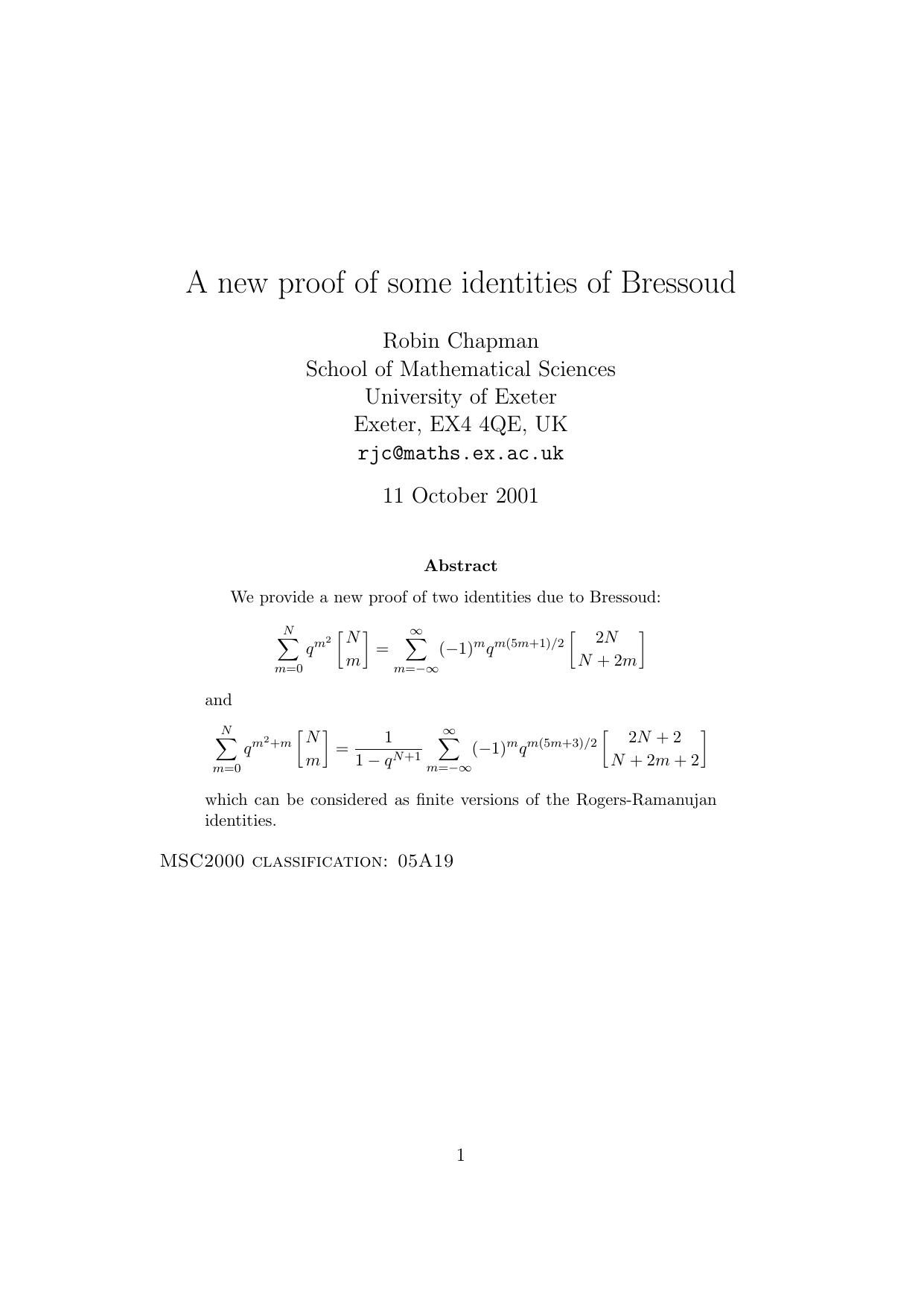 Chapman R by A new proof of some identities of Bressoud