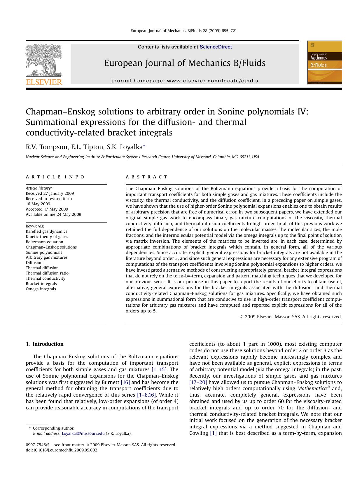 Chapman-Enskog solutions to arbitrary order in Sonine polynomials IV: Summational expressions for the diffusion- and thermal conductivity-related bracket integrals by R.V. Tompson; E.L. Tipton; S.K. Loyalka