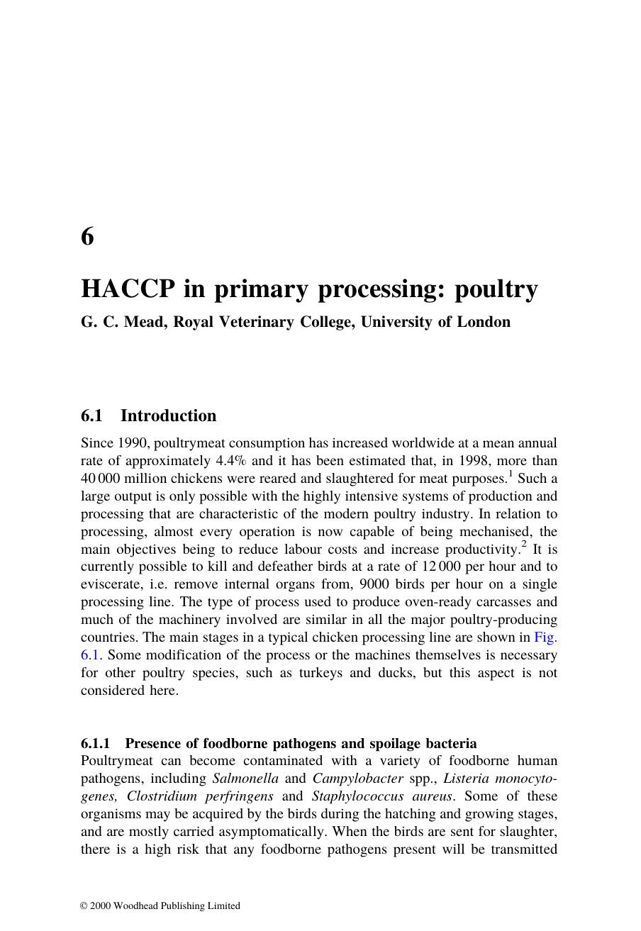 Chapter 06: HACCP in primary processing: poultry by G. C. Mead Royal Veterinary College University of London