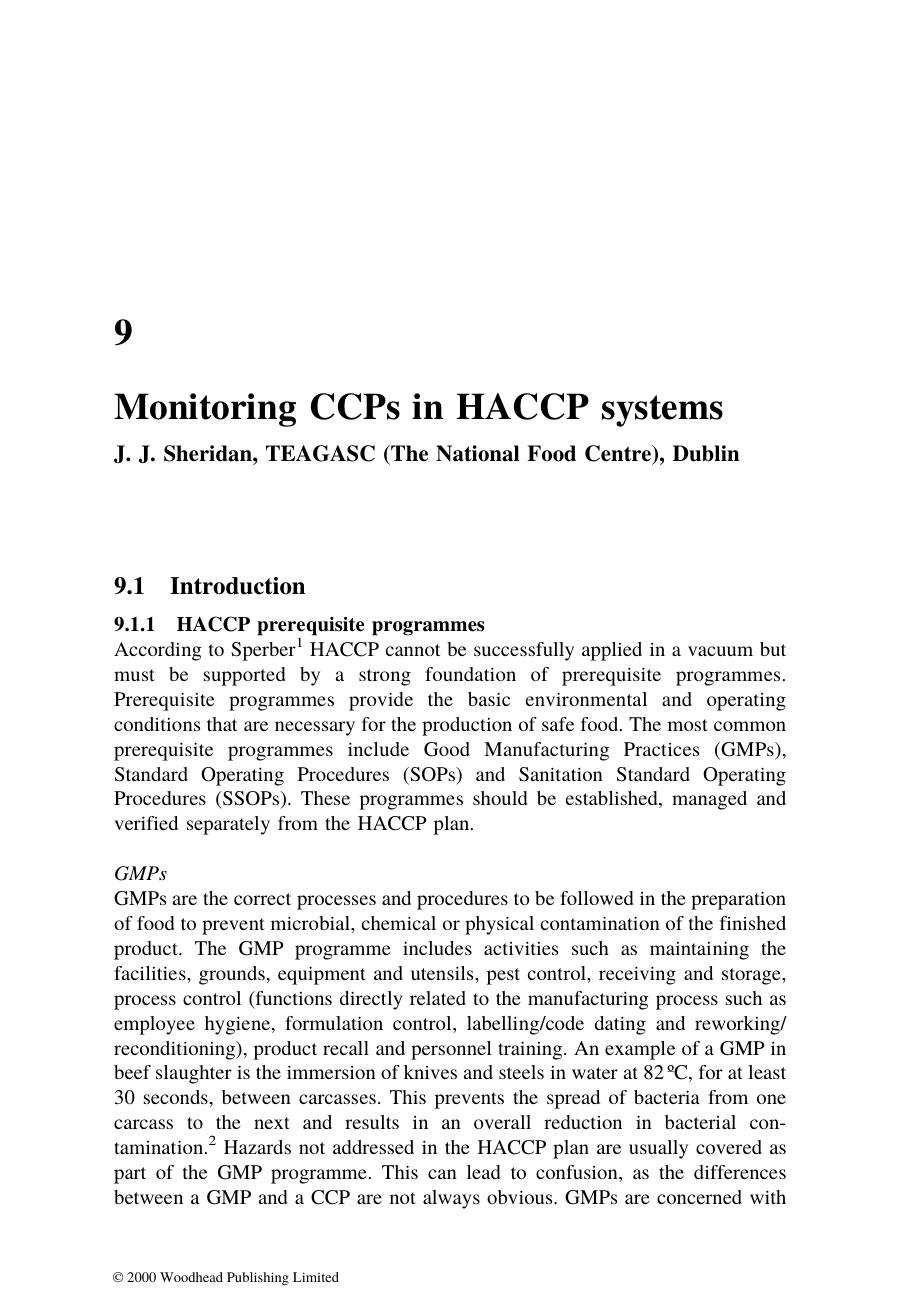 Chapter 09: Monitoring CCPs in HACCP systems by J. J. Sheridan TEAGASC (The National Food Centre) Dublin