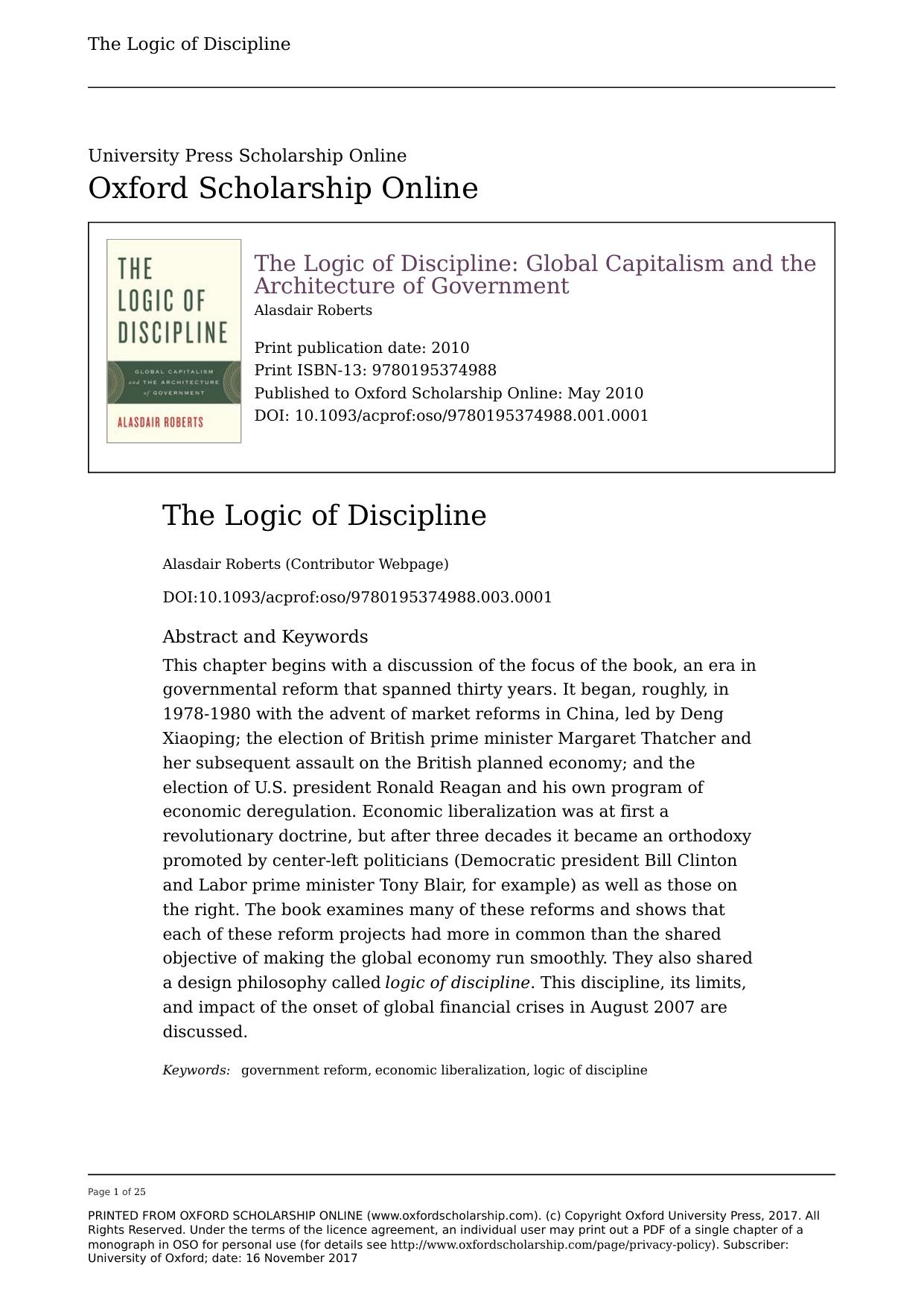 Chapter 1: The Logic of Discipline [single ch. ONLY from The Logic of Discipline: Global Capitalism and the Architecture of Government] by Alisdair Roberts