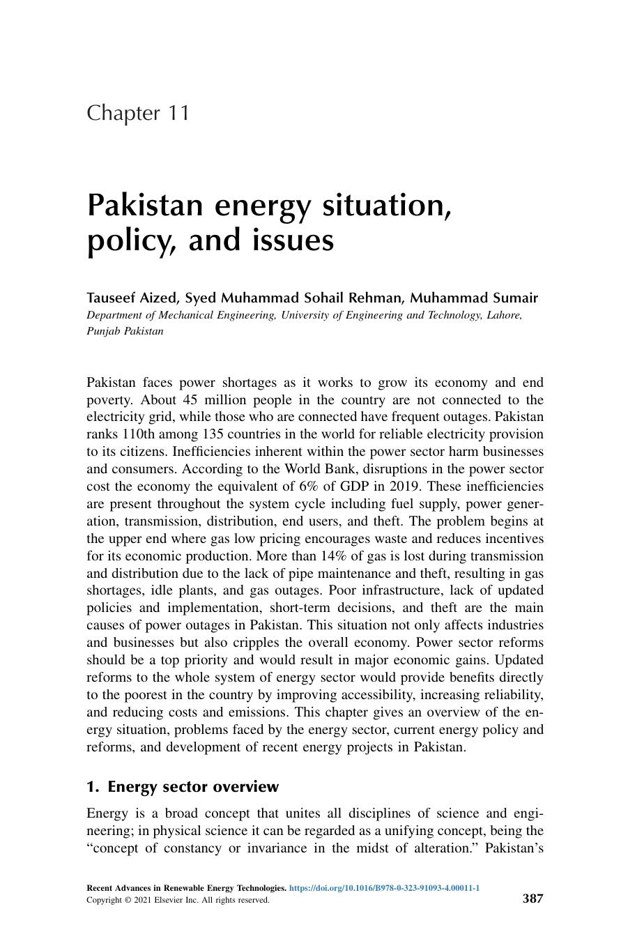 Chapter 11 - Pakistan energy situation, policy, and issues by Tauseef Aized & Syed Muhammad Sohail Rehman & Muhammad Sumair