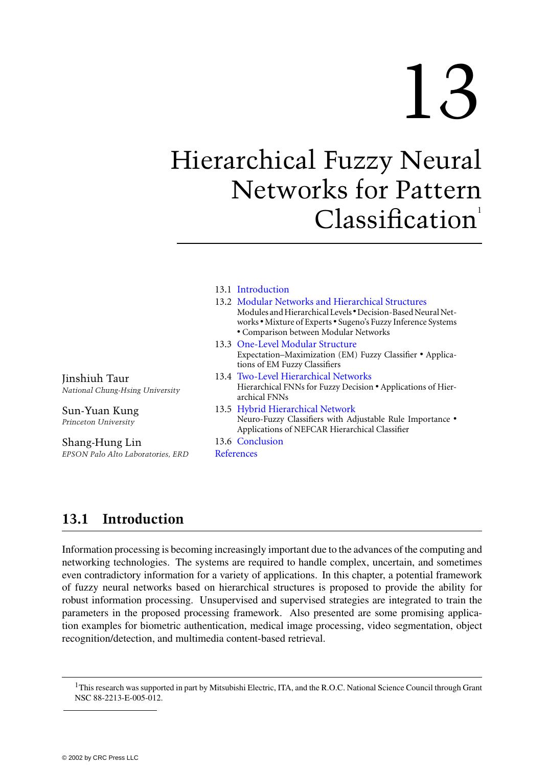 Chapter 13: Hierarchical Fuzzy Neural Networks for Pattern Classification by JinshiuhTaur et al