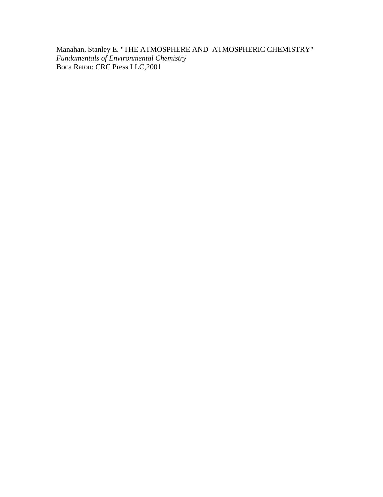 Chapter 14: The Atmosphere and Atmosphere Chemistry by Manahan Stanley E