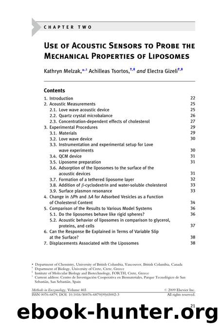 Chapter 2 - Use of Acoustic Sensors to Probe the Mechanical Properties of Liposomes by Kathryn Melzak; Achilleas Tsortos; Electra Gizeli
