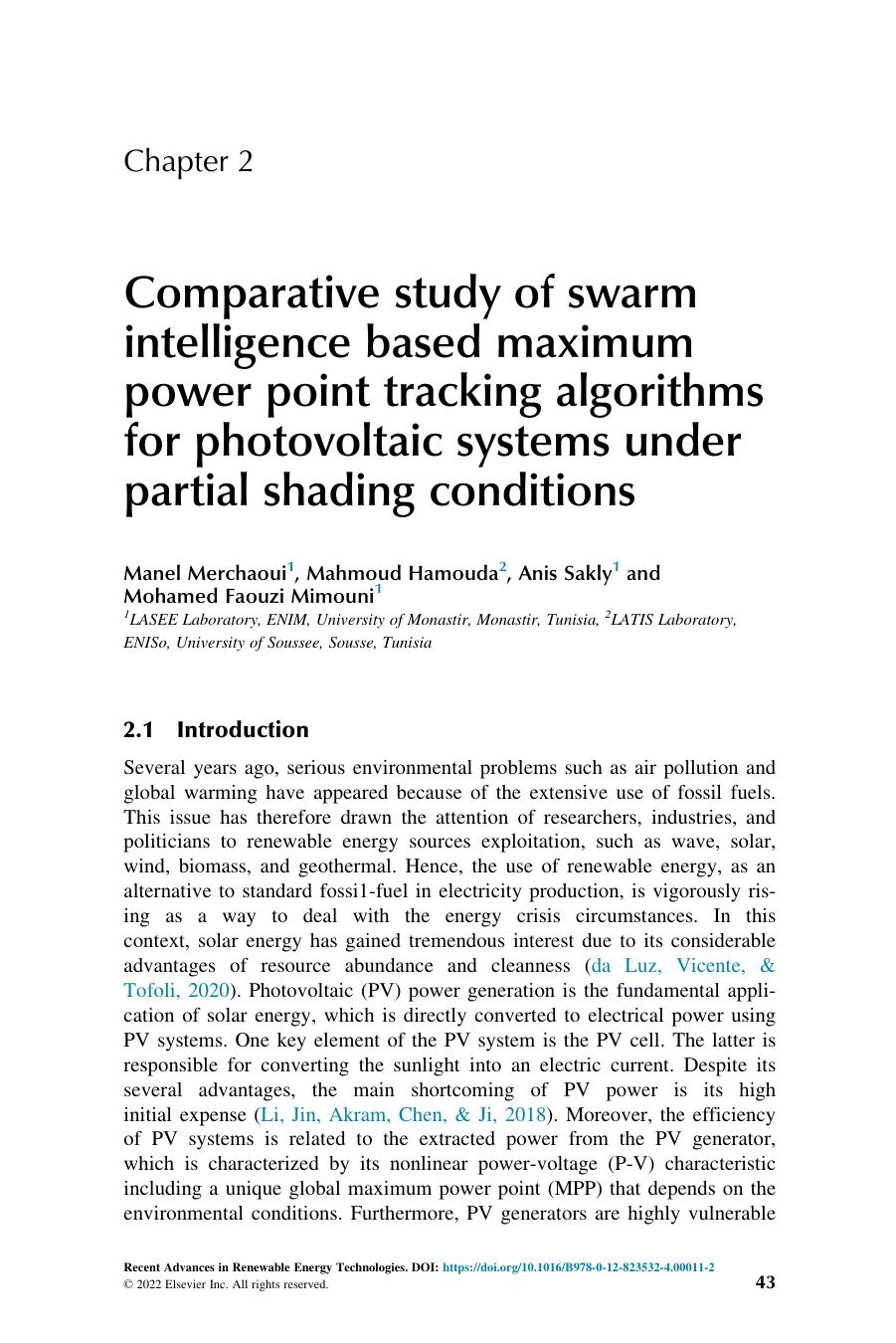 Chapter 2. Comparative study of swarm intelligence based maximum power point tracking algorithms for photovoltaic systems under partial shading conditions by Manel Merchaoui & Mahmoud Hamouda & Anis Sakly & Mohamed Faouzi Mimouni