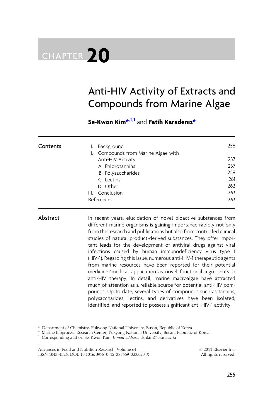 Chapter 20 - Anti-HIV Activity of Extracts and Compounds from Marine Algae by Se-Kwon Kim & Fatih Karadeniz