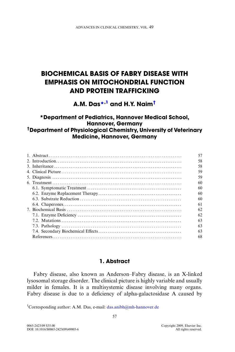 Chapter 3 - Biochemical basis of Fabry disease with emphasis on mitochondrial function and PROTEIN trafficking by A.M. Das; H.Y. Naim