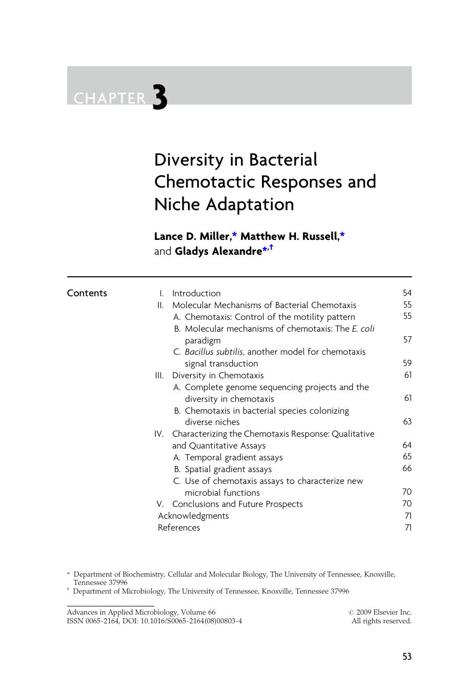 Chapter 3 - Diversity in Bacterial Chemotactic Responses and Niche Adaptation by Lance D. Miller; Matthew H. Russell; Gladys Alexandre