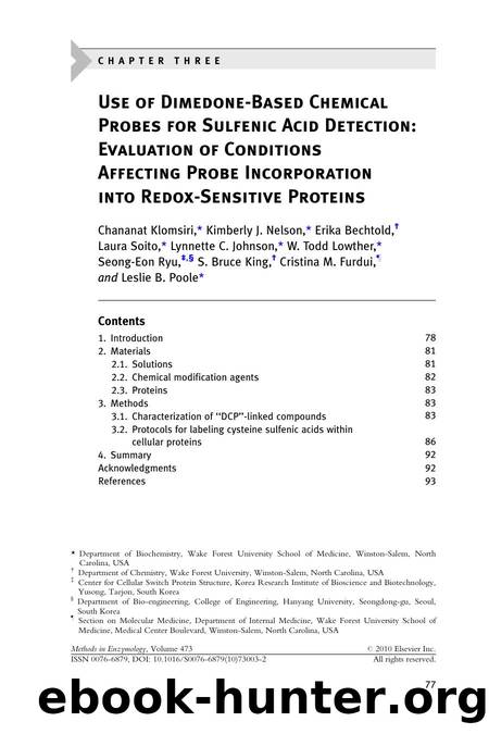 Chapter 3 - Use of Dimedone-Based Chemical Probes for Sulfenic Acid Detection: Evaluation of Conditions Affecting Probe Incorporation into Redox-Sensitive Proteins by unknow