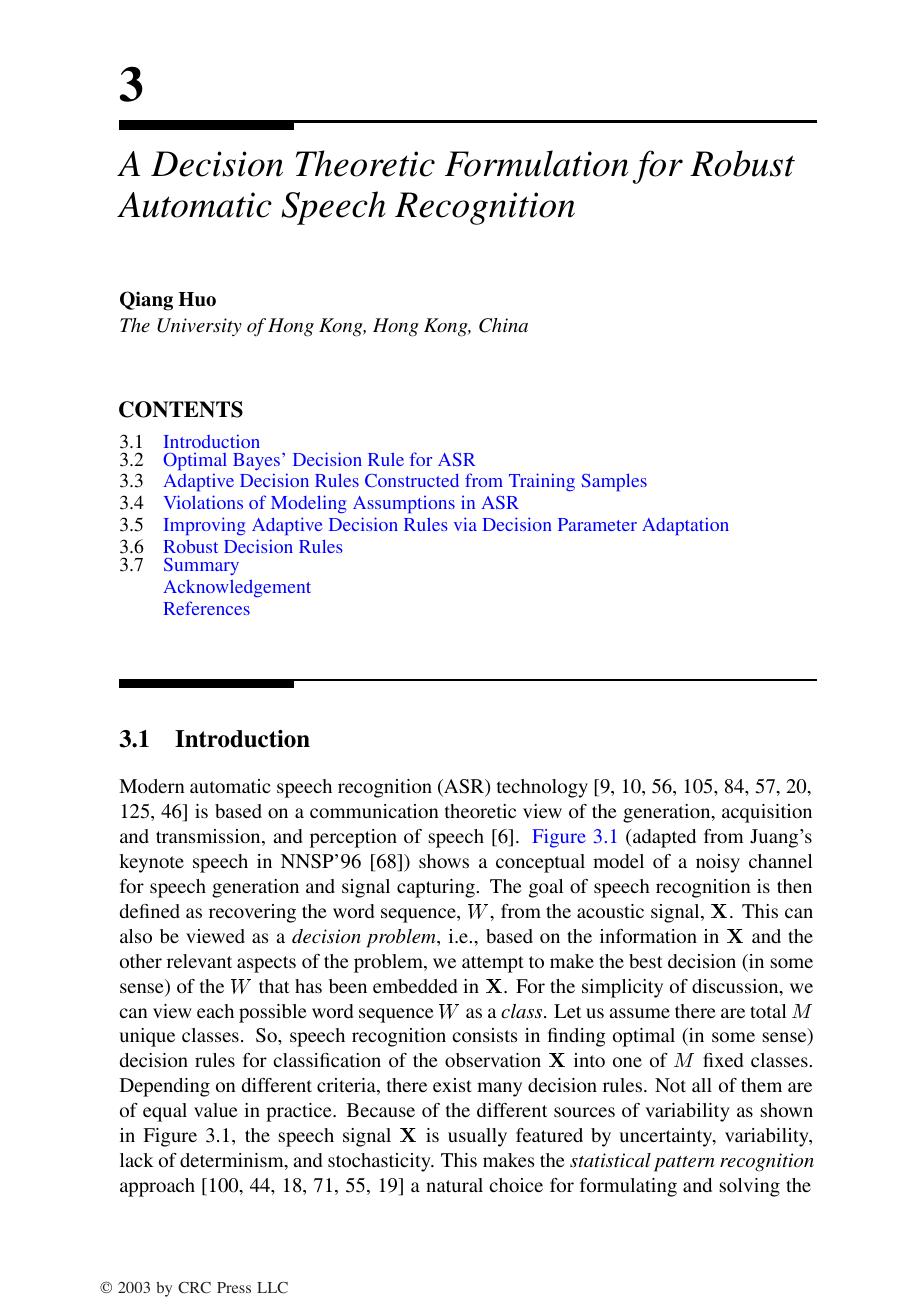 Chapter 3. A Decision Theoretic Formulation for Robust Automatic Speech Recognition by Qiang Huo