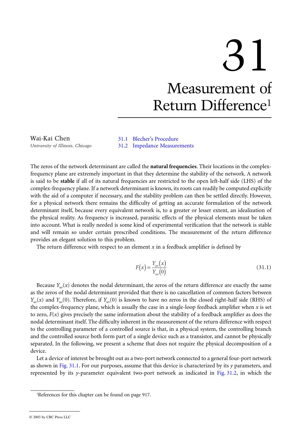 Chapter 31: Measurement of Return Difference by Wai-Kai Chen