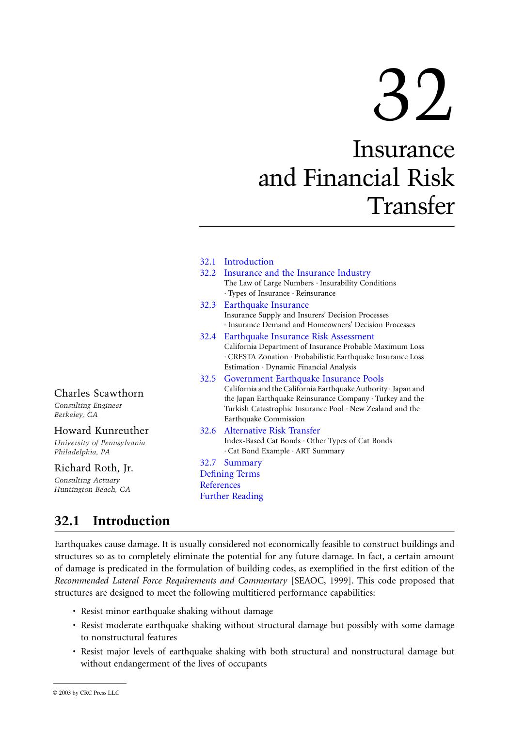 Chapter 32: Insurance and Financial Risk Transfer by Charles Scawthorn Howard Kunreuther and Richard Roth Jr