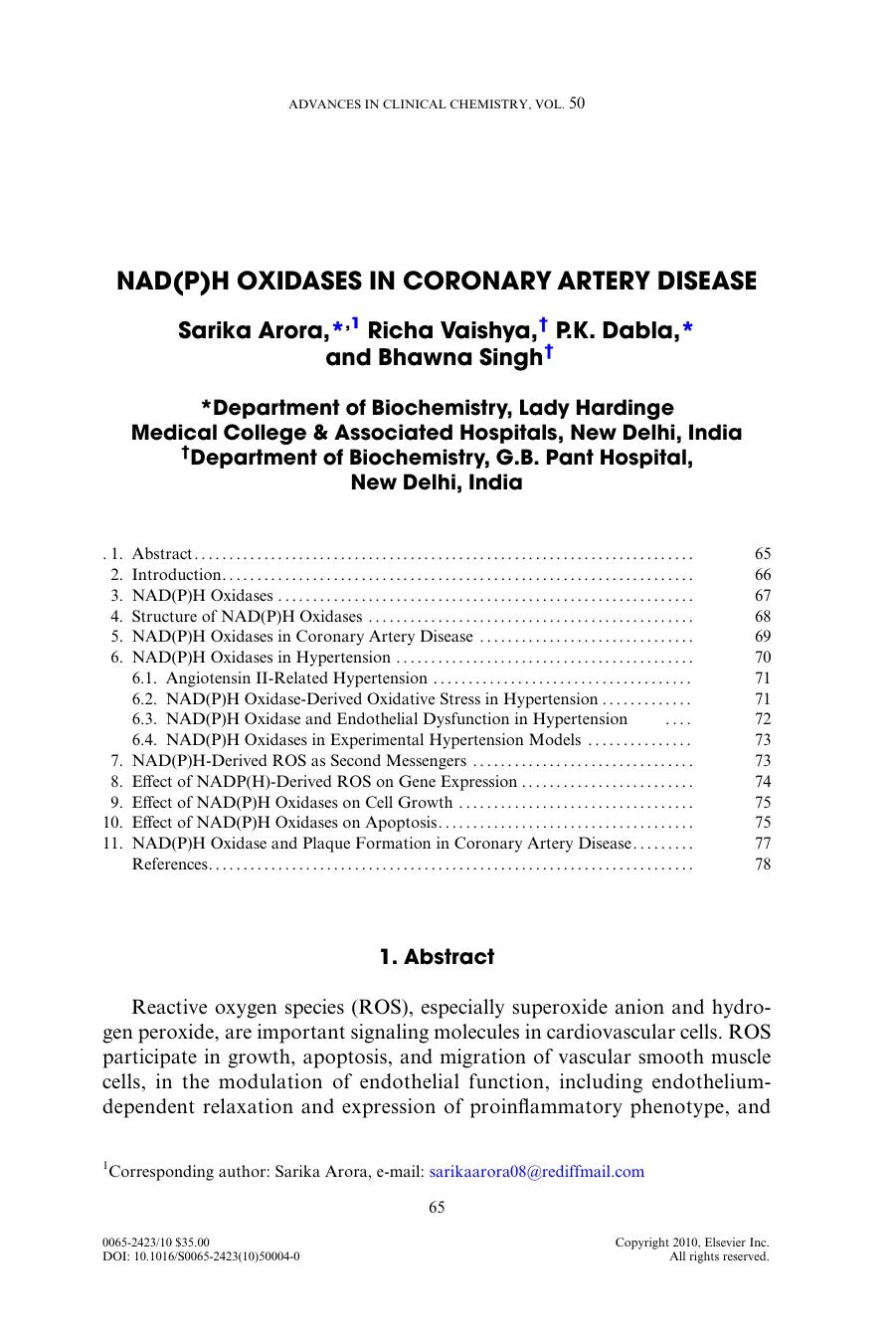 Chapter 4 - NAD(P)H Oxidases in Coronary Artery Disease by Sarika Arora; Richa Vaishya; P.K. Dabla; Bhawna Singh