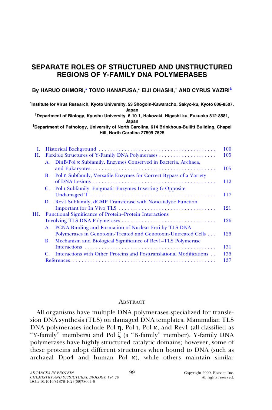 Chapter 4 - Separate Roles of Structured and Unstructured Regions of Y-Family DNA Polymerases by By Haruo Ohmori; Tomo Hanafusa; Eiji Ohashi; Cyrus Vaziri