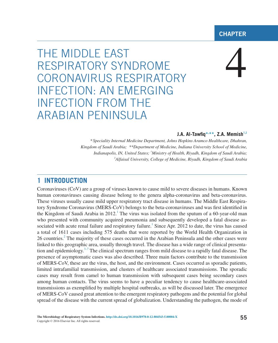 Chapter 4 - The middle east respiratory syndrome coronavirus respiratory infection: an emerging infection from the arabian peninsula by J.A. Al-Tawfiq & Z.A. Memish