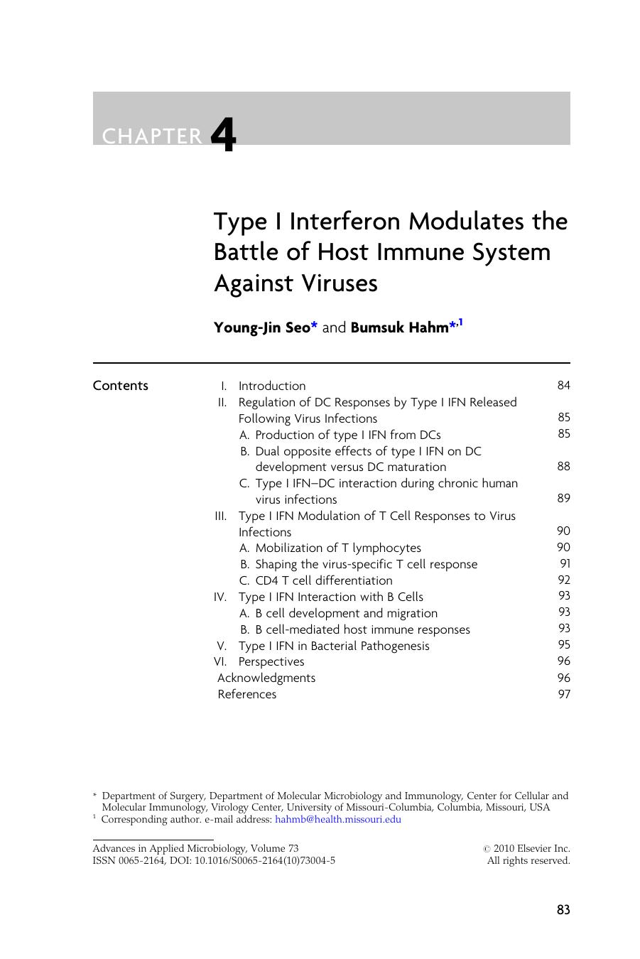 Chapter 4 - Type I Interferon Modulates the Battle of Host Immune System Against Viruses by Young-Jin Seo & Bumsuk Hahm