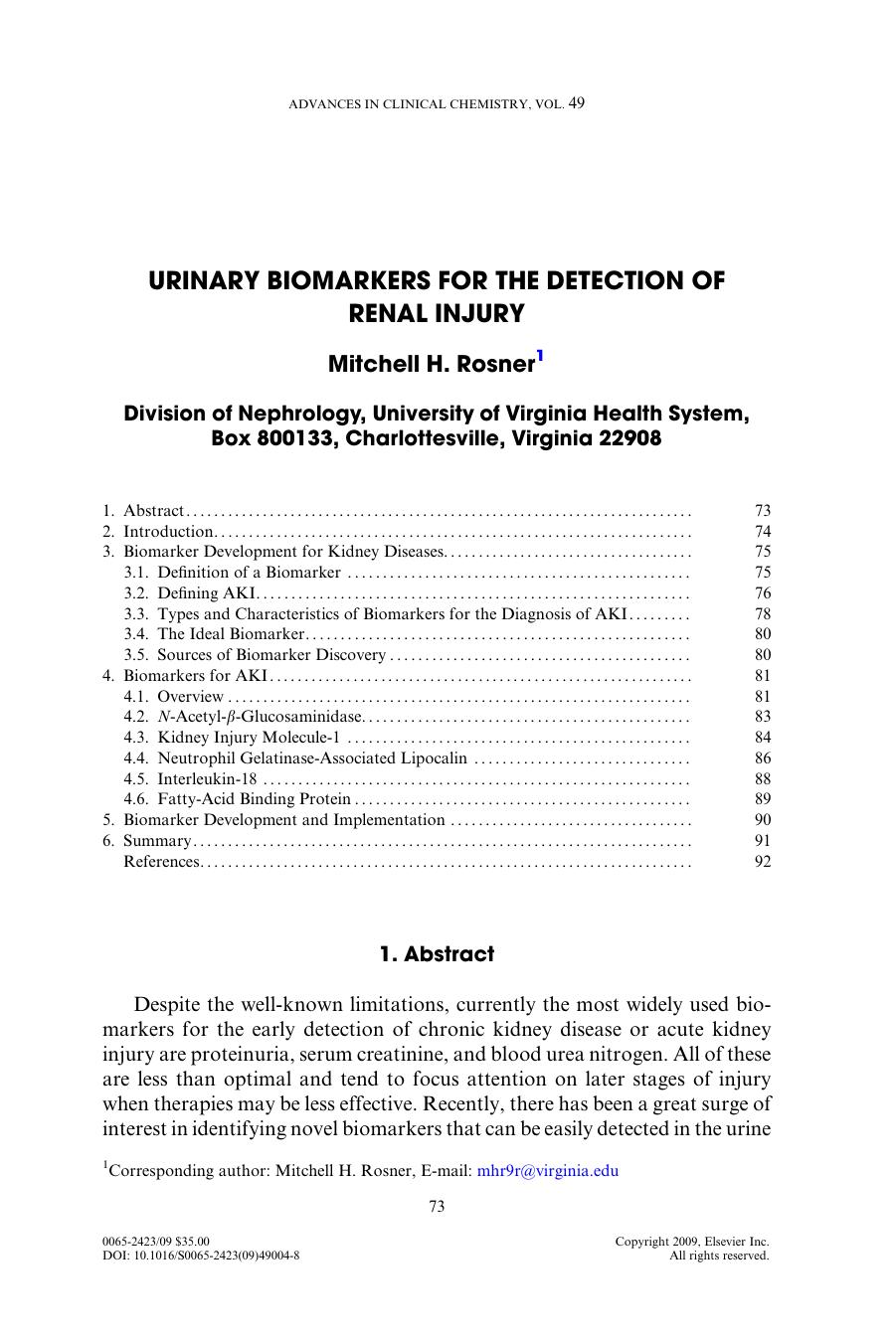 Chapter 4 - Urinary biomarkers for the detection of renal injury by Mitchell H. Rosner