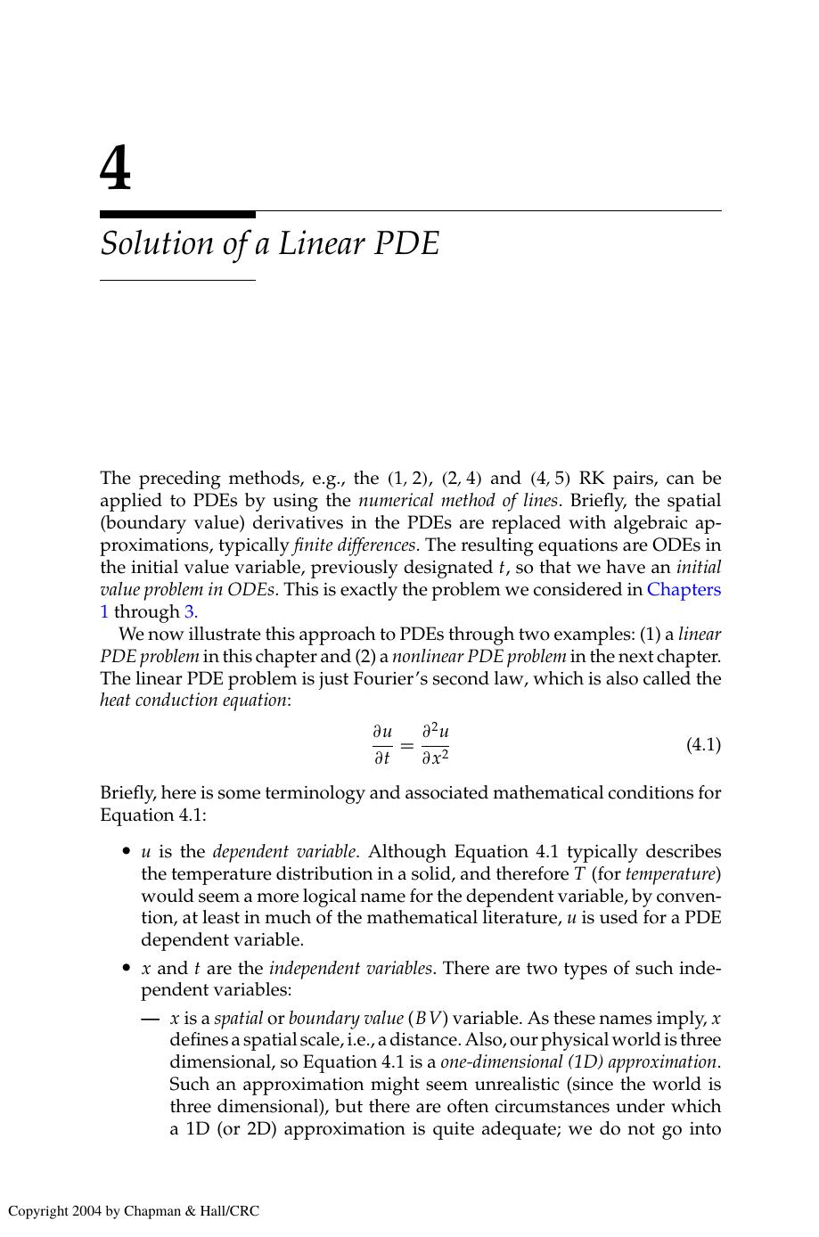 Chapter 4: Solution of a Linear PDE by H.J. Lee && W.E. Schiesser