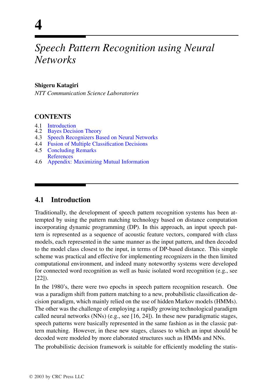 Chapter 4. Speech Pattern Recognition using Neural Networks by Shigeru Katagiri