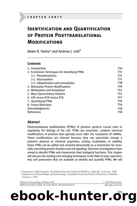Chapter 40 - Identification and Quantification of Protein Posttranslational Modifications by Adam R. Farley; Andrew J. Link