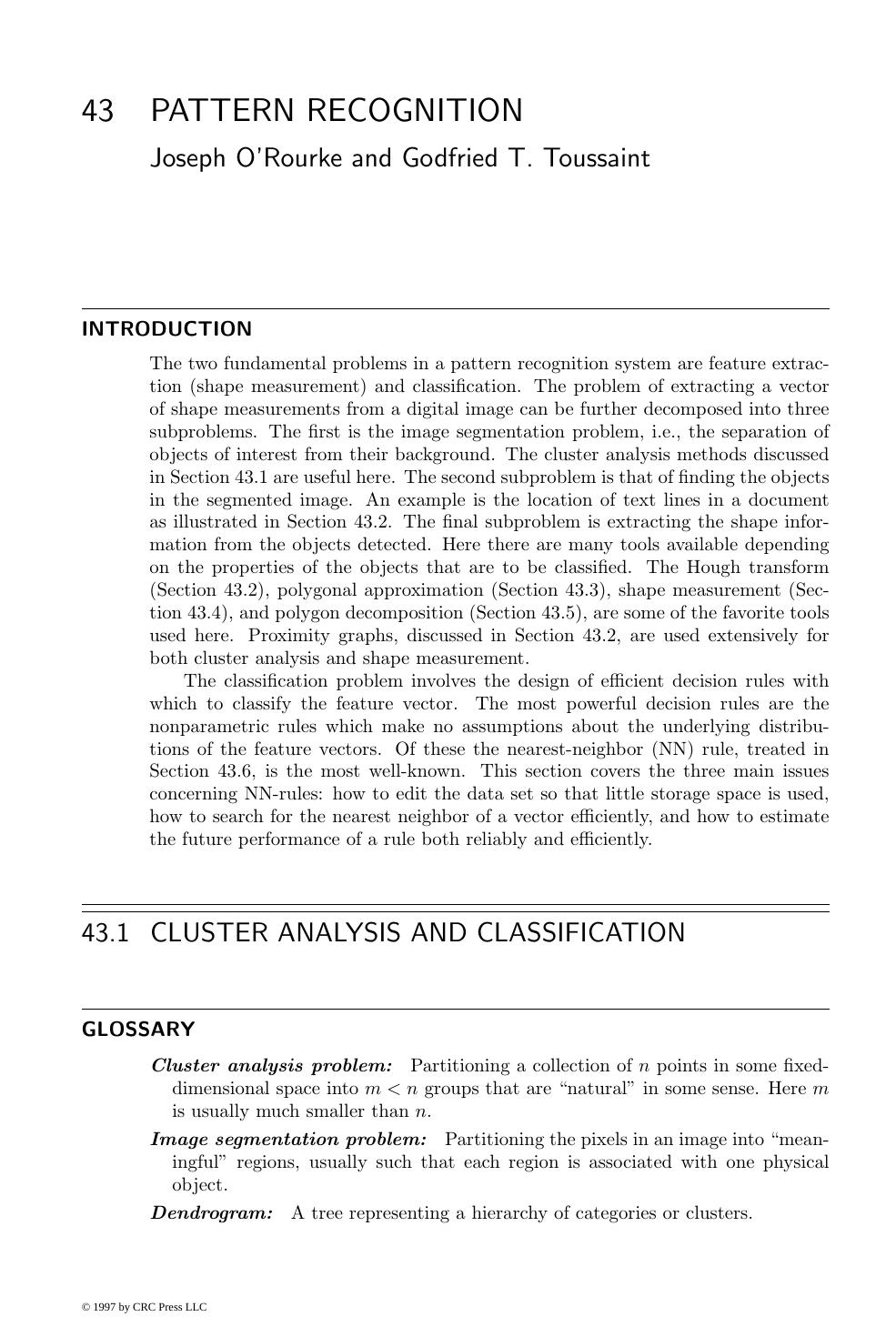 Chapter 43: PATTERN RECOGNITION by Joseph O ’Rourke et al