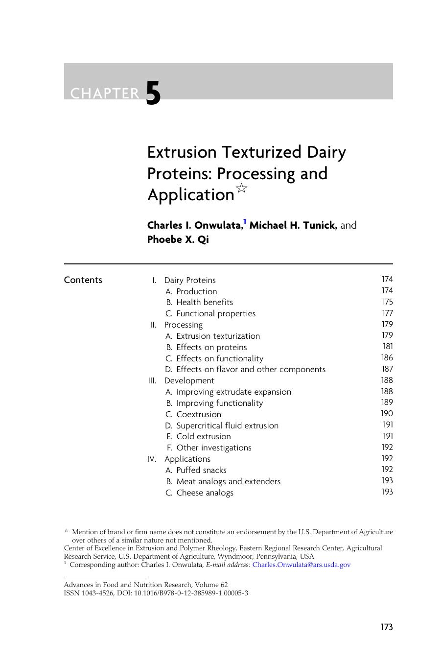 Chapter 5 - Extrusion Texturized Dairy Proteins: Processing and Application by Charles I. Onwulata & Michael H. Tunick & Phoebe X. Qi