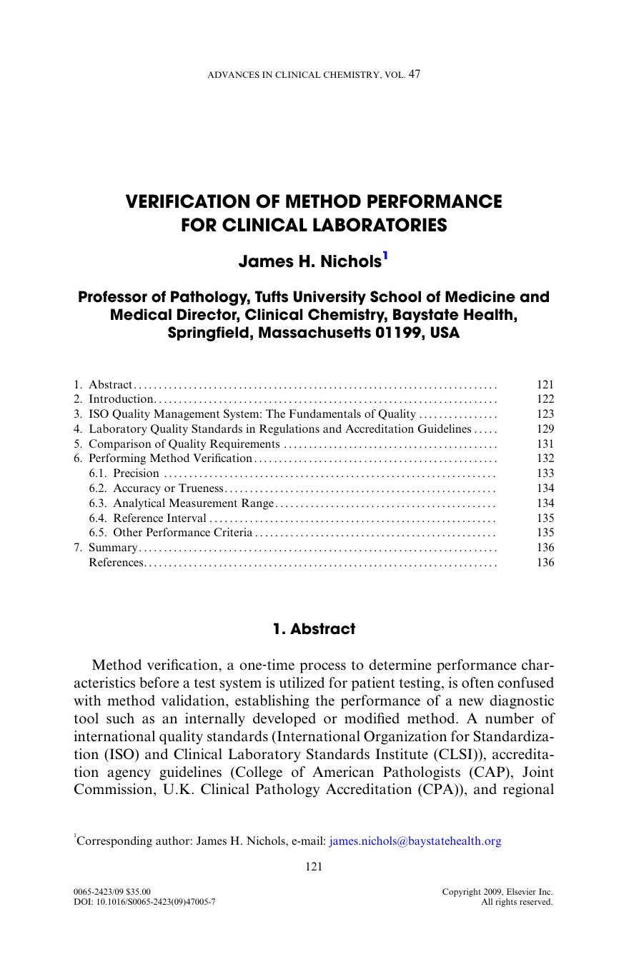 Chapter 5 - Verification of Method Performance for Clinical Laboratories by James H. Nichols