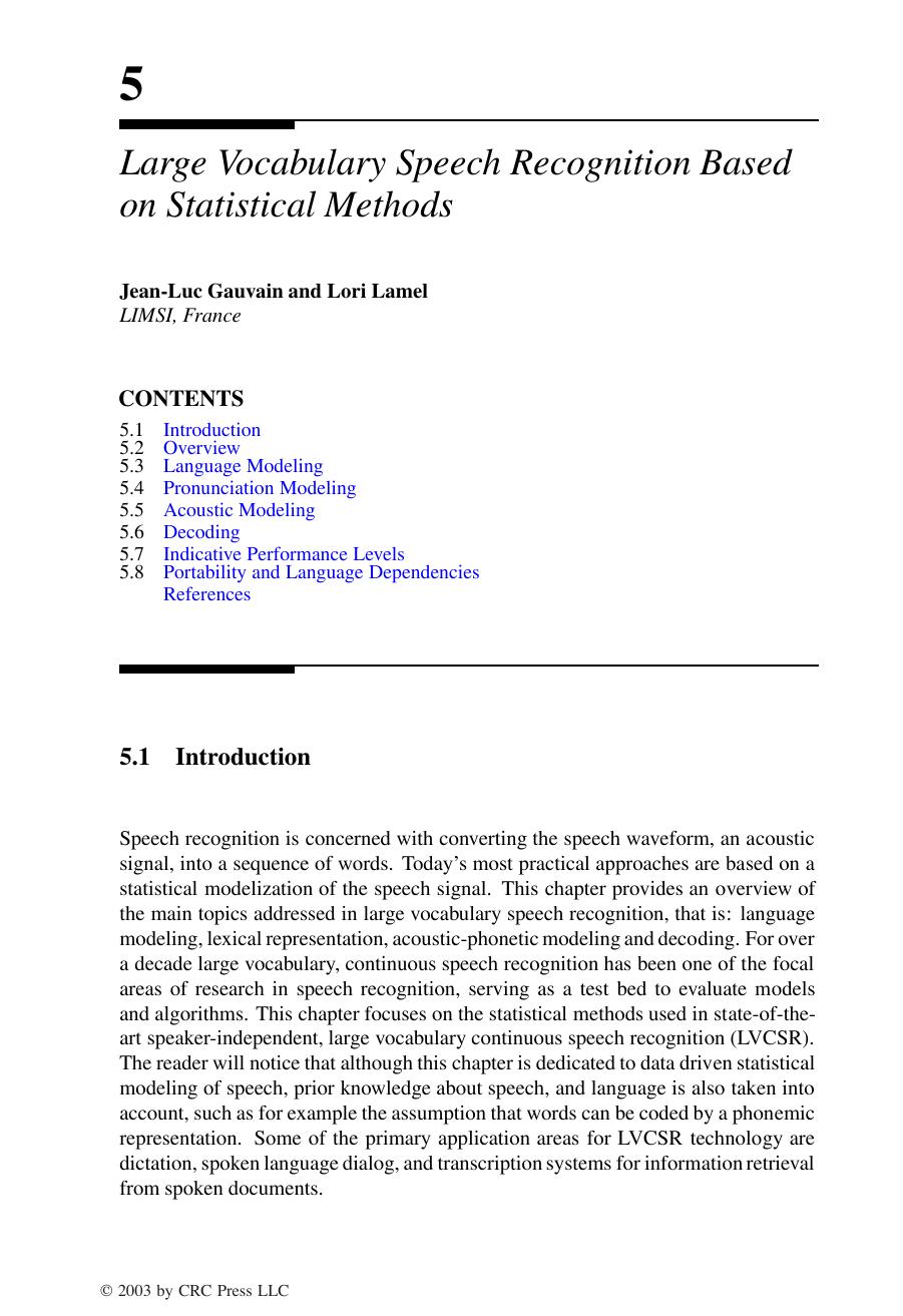 Chapter 5. Large Vocabulary Speech Recognition Based on Statistical Methods by Jean-Luc Gauvain & Lori Lamel