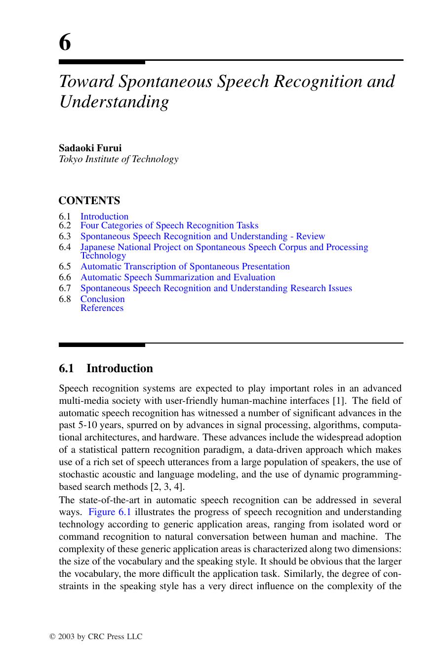 Chapter 6. Toward Spontaneous Speech Recognition and Understanding by Sadaoki Furui