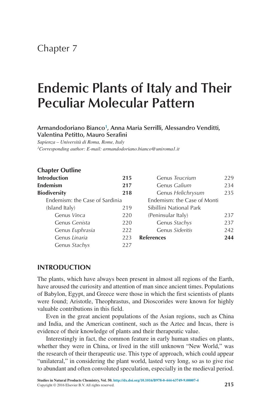Chapter 7 â Endemic Plants of Italy and Their Peculiar Molecular Pattern by ArmandodorianoBianco & Anna MariaSerrilli & AlessandroVenditti & ValentinaPetitto & MauroSerafini