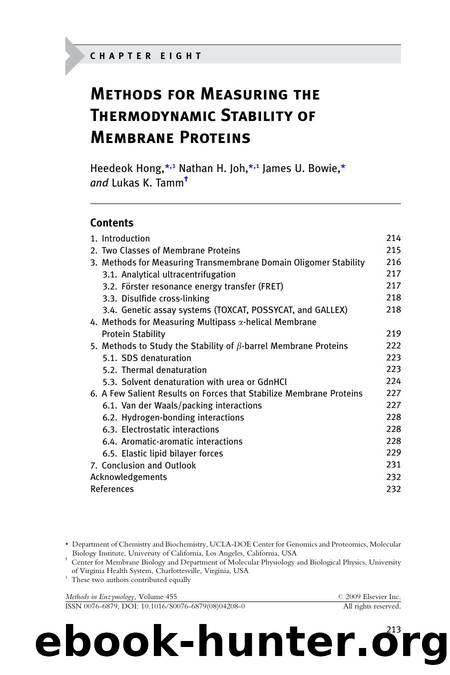 Chapter 8 - Methods for Measuring the Thermodynamic Stability of Membrane Proteins by Heedeok Hong; Nathan H. Joh; James U. Bowie; Lukas K. Tamm