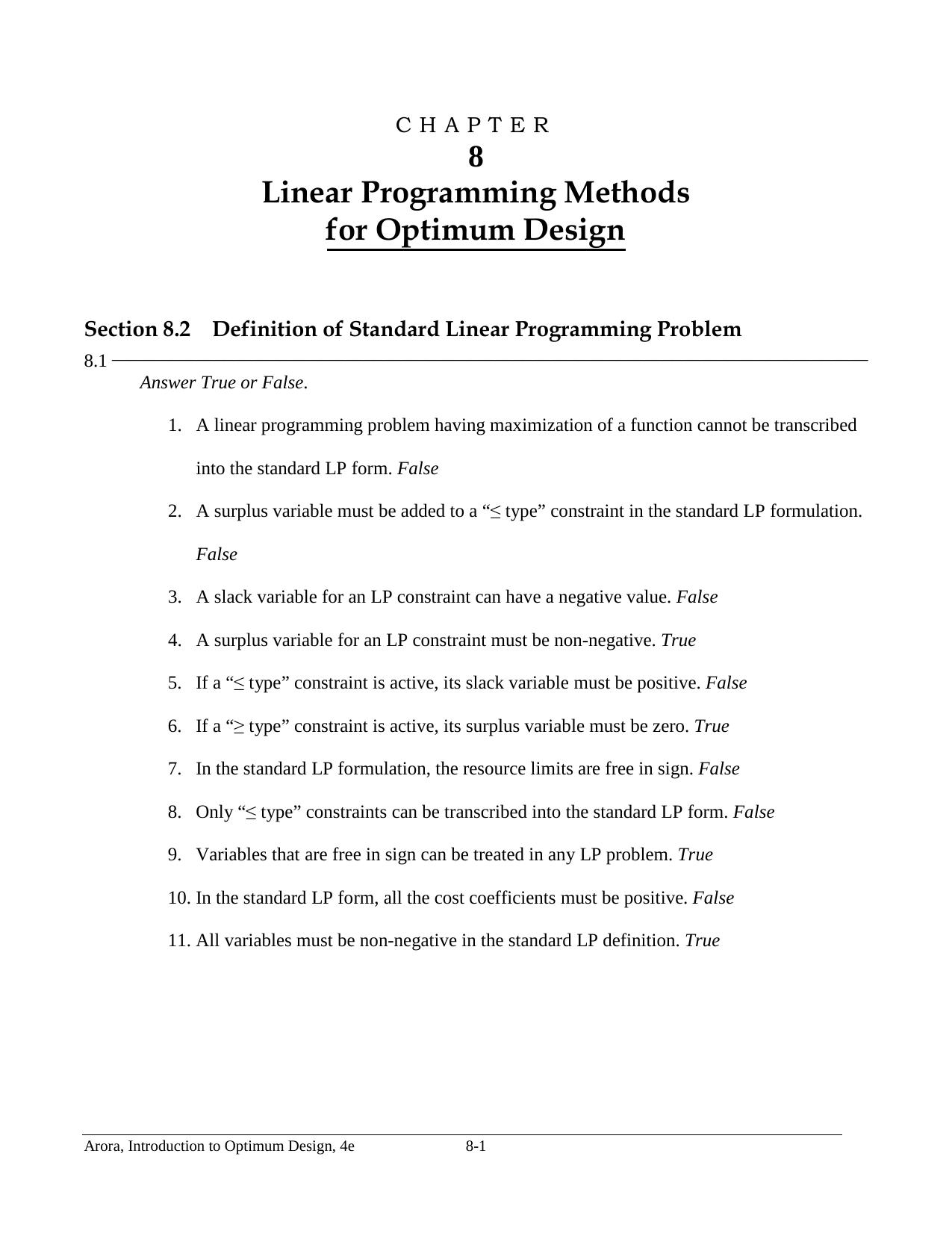 Chapter 8 Linear Programming Methods for Optimum Design by Civil and Environmental Engineering