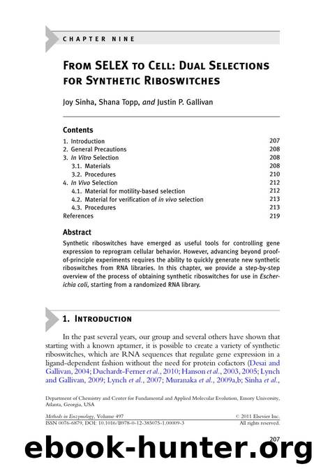 Chapter 9 - From SELEX to Cell: Dual Selections for Synthetic Riboswitches by Joy Sinha & Shana Topp & Justin P. Gallivan