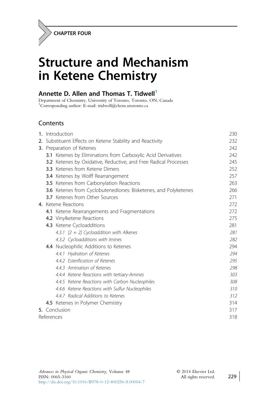 Chapter Four â Structure and Mechanism in Ketene Chemistry by Annette D. Allen & Thomas T. Tidwell