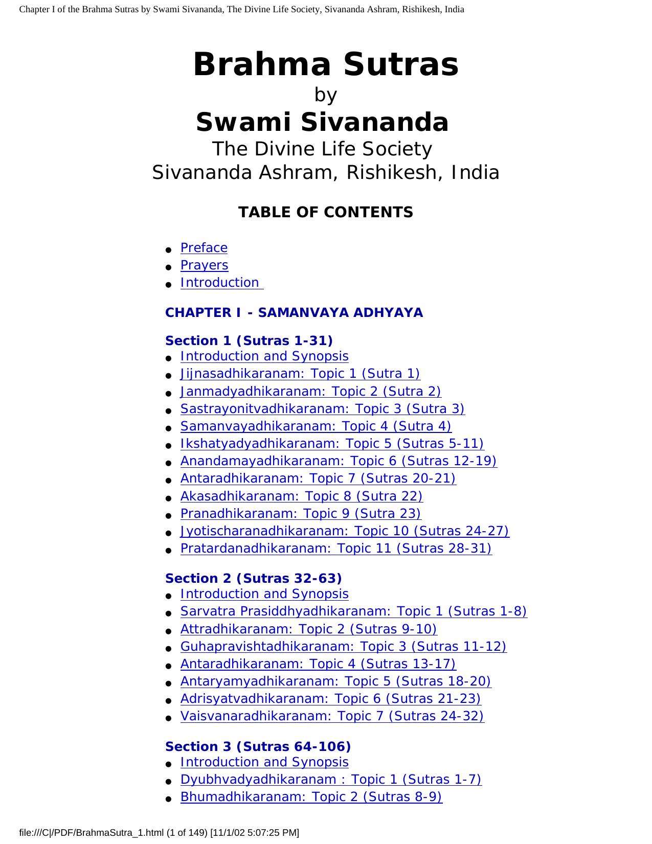 Chapter I of the Brahma Sutras by Swami Sivananda, The Divine Life Society, Sivananda Ashram, Rishikesh, India by Unknown