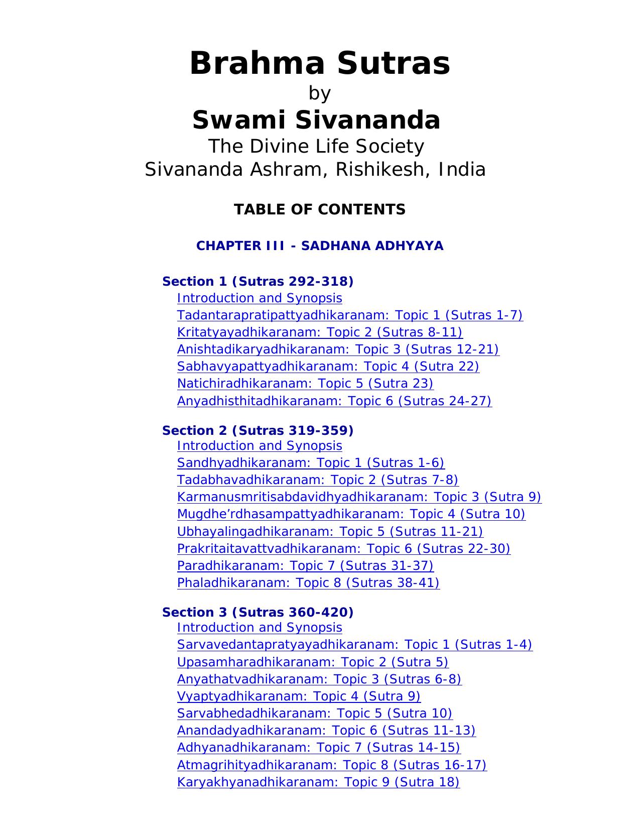 Chapter I of the Brahma Sutras by Swami Sivananda, The Divine Life Society, Sivananda Ashram, Rishikesh, India by sanskrit english commentary