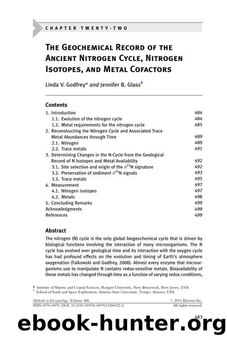 Chapter Twenty-Two - The Geochemical Record of the Ancient Nitrogen Cycle, Nitrogen Isotopes, and Metal Cofactors by Linda V. Godfrey & Jennifer B. Glass